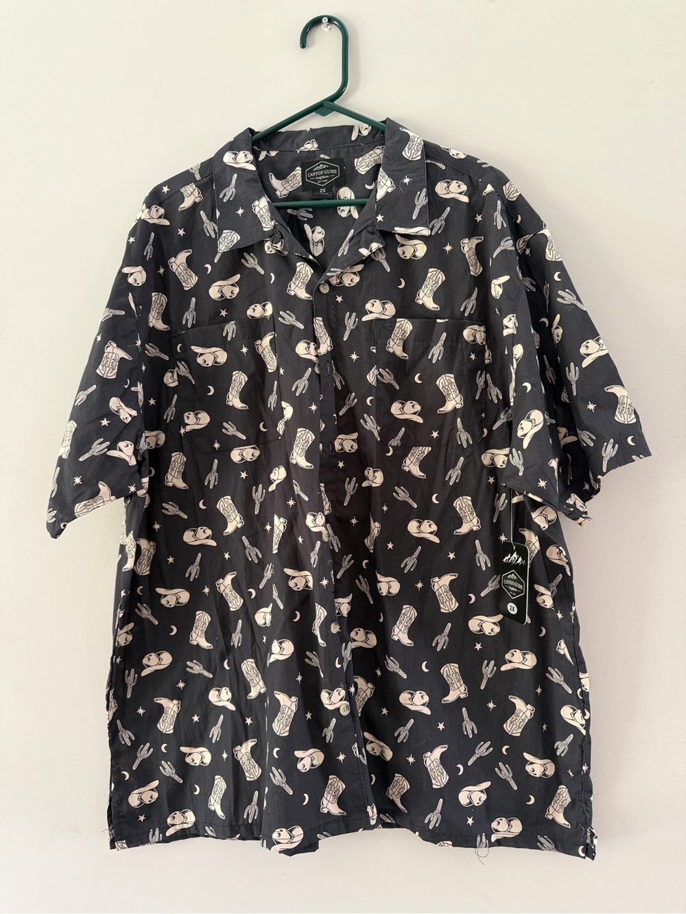 Black Western Print Short-Sleeve Button-Down Shirt